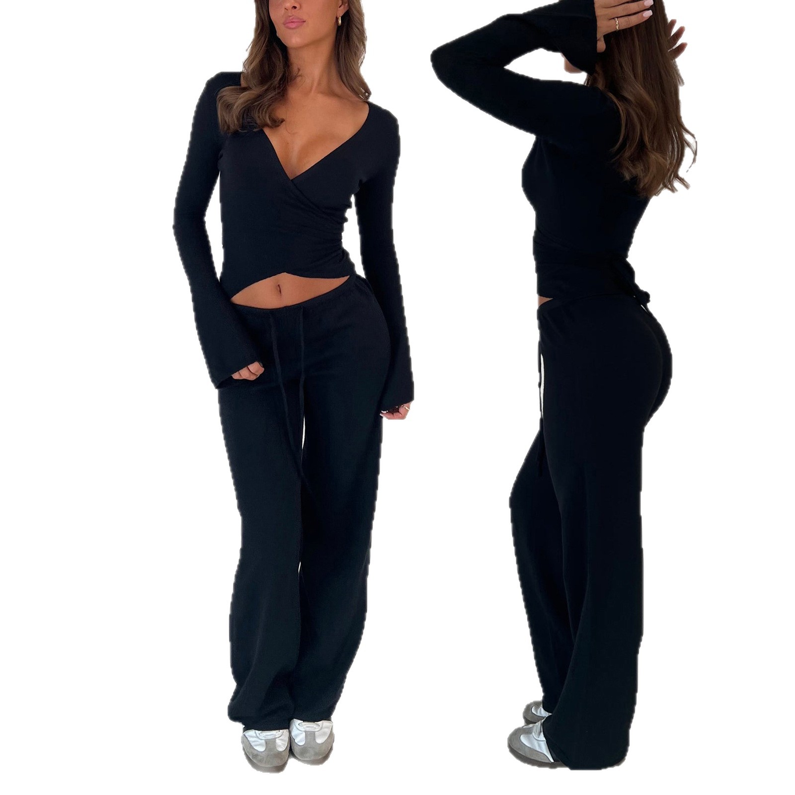 Ensemble Lounge Femme Tendance Vintage 2 Pièces : T-shirt Col V à Nouer à la Taille + Pantalon Taille Élastique, Haut Court à Manches Longues Automne