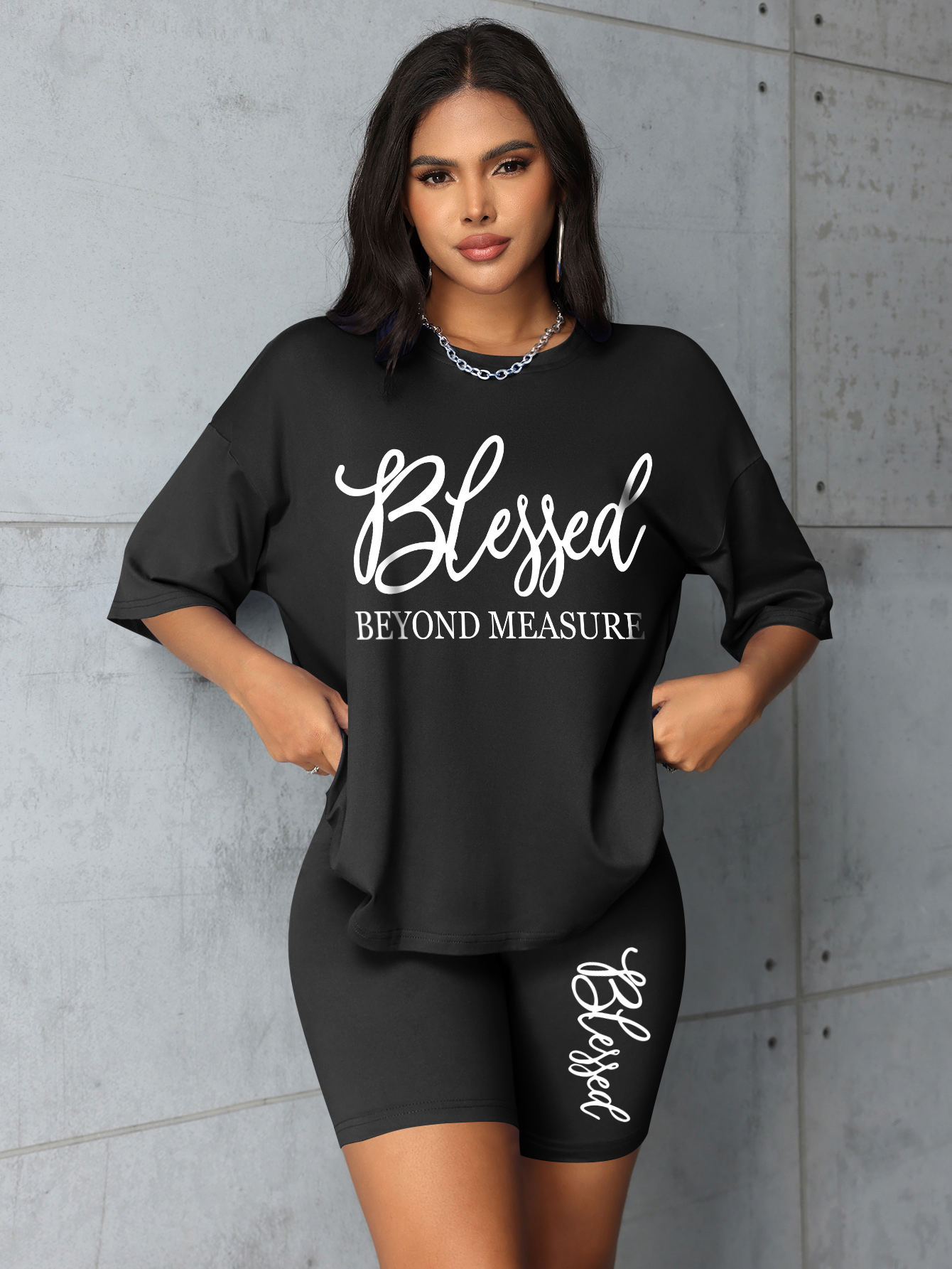 Ensembles Grande Taille pour Femmes – Nouveautés Été 2 Pièces Imprimées « Blessed » – Offres et Liquidations – Tout à Prix Abordable – Ensembles Courts Élégants pour Femmes