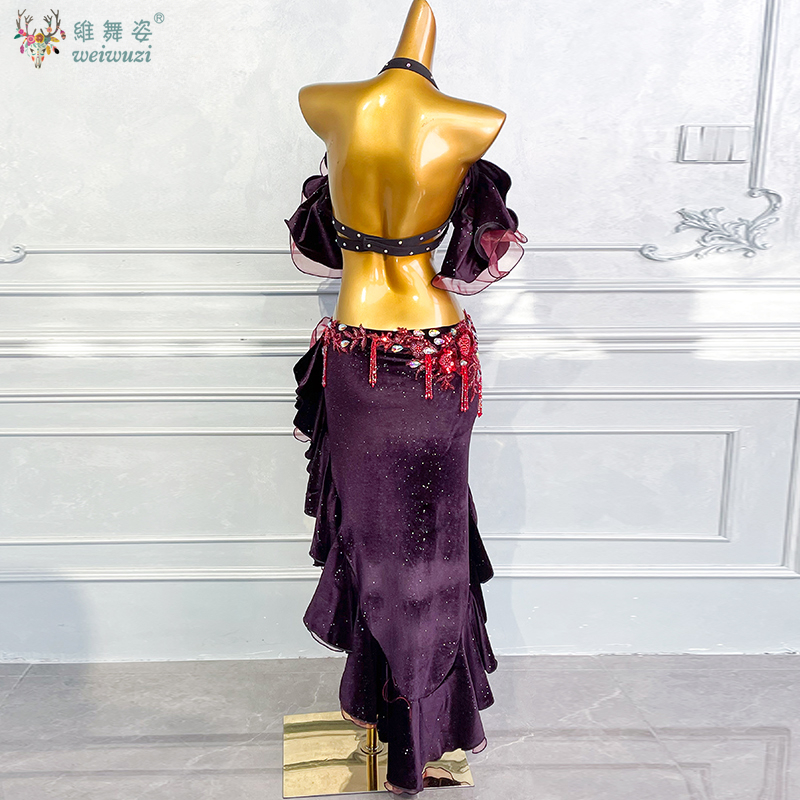 Costume de spectacle de danse du ventre pour femmes, soutien-gorge personnalisé + jupe longue fendue, 2 pièces, vêtements de danse orientale, tenue de danse du ventre