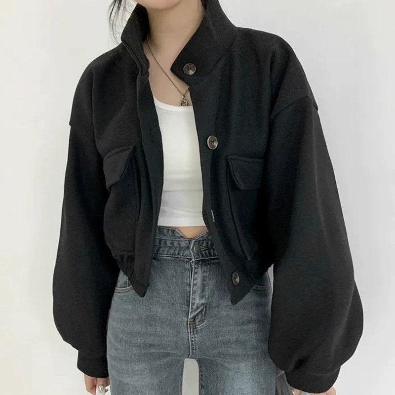 Manteau court en laine coréen pour femme, col montant, simple boutonnage, coupe ample, décontracté, minimaliste, veste élégante