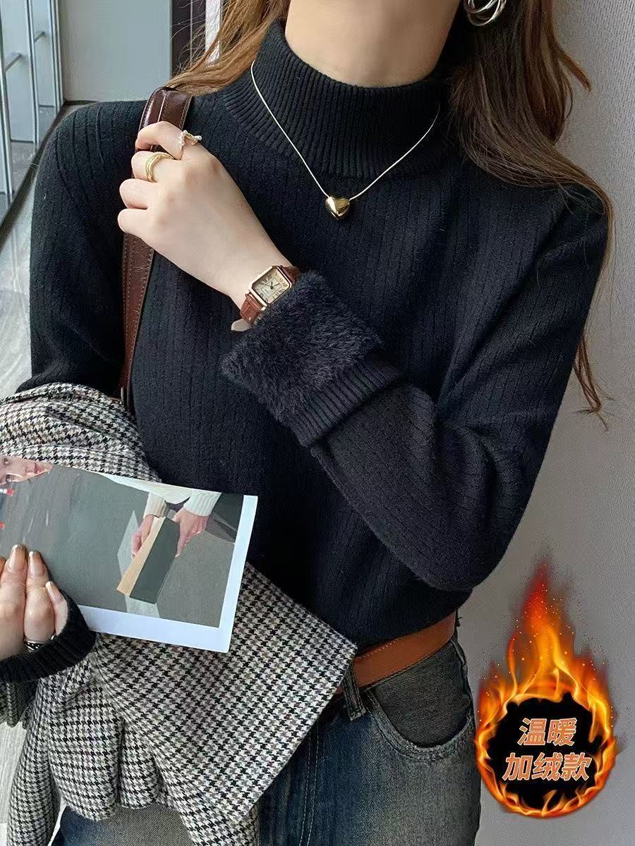 Pull à col roulé pour femme, hiver 2026, rétro, avec doublure en velours, épais, vêtement thermique en tricot, pull de base.