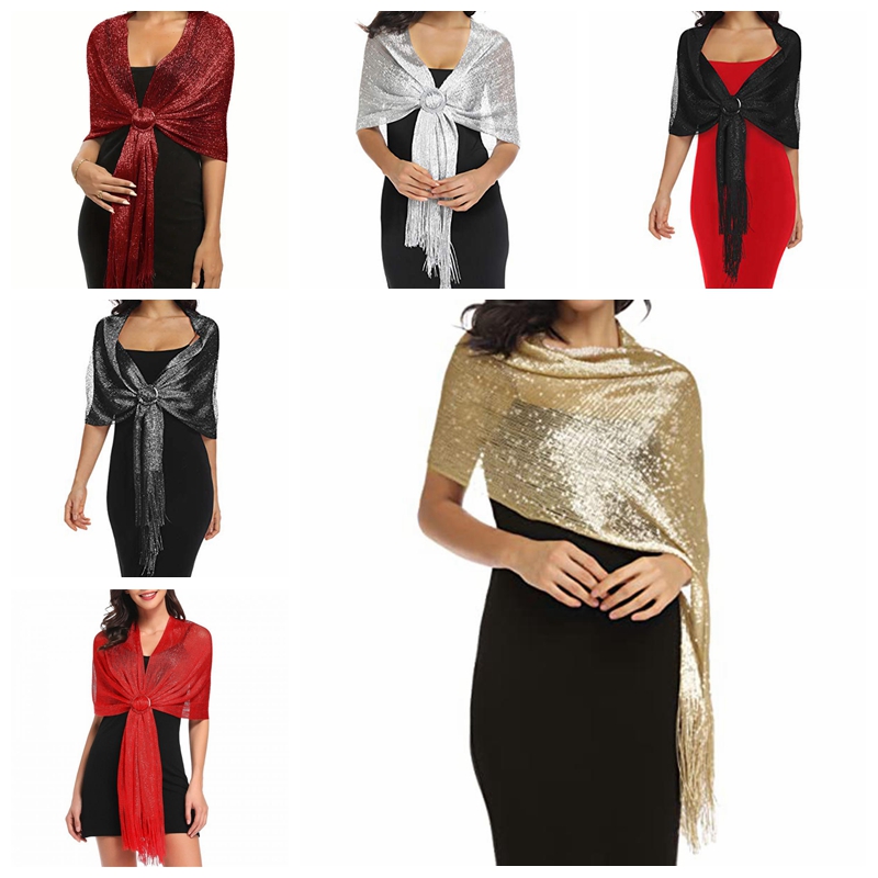 Châle décoratif pour femmes, écharpe à pampilles en soie dorée et argentée pour jeu de plage, avec boucle, tenue de dîner, de danse, de mariage