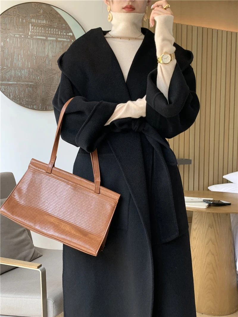 Manteau en Coton et Cachemire Double Face à Capuche Mi-Long pour Femme, Collection Automne-Hiver 2026, 100% Laine, Coupe Ample et Épaisse