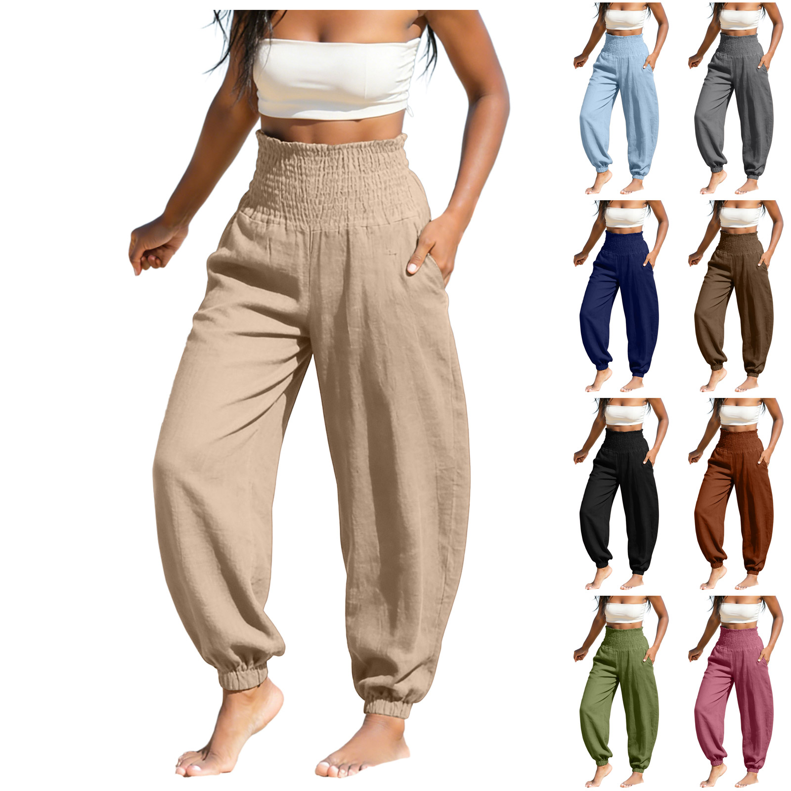 Pantalon long décontracté pour femme, coupe ample et tendance, style plage, pantalon de jogging, couleur unie, taille élastique, style européen