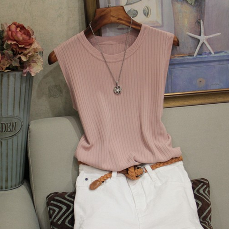 Mode femme Blouse 2025 été sans manches Blouse femmes col rond tricoté Blouse chemise femmes vêtements femmes hauts et chemisiers C853