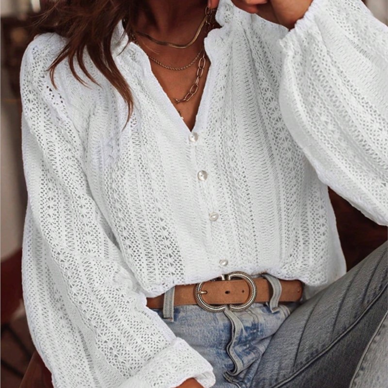 Chemisiers pour femmes printemps et automne nouvelle mode ample Simple tout-Match dentelle creuse col en v Simple cassé à manches longues femmes chemises