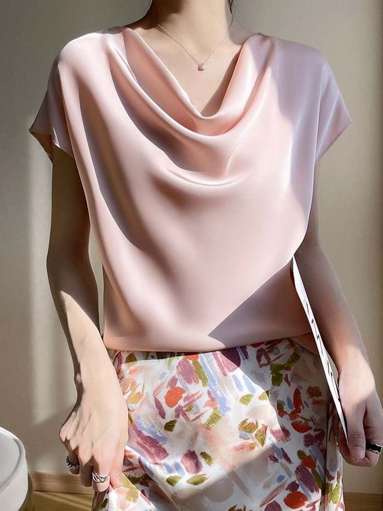 T-shirt en satin de soie pour femme, style français, printemps-été, minimaliste, élégant, à manches courtes, hauts de tempérament pour femme