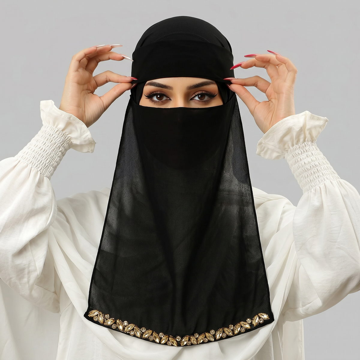 Nouveau Voile 2026 avec Strass, Protection Solaire Estivale, Respirant, Double Couche, Noir, pour Femmes Musulmanes, Idéal Aïd
