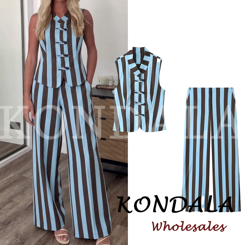 KONDALA Mode Été 2026 – Ensemble Décontracté Rayé pour Femme : Gilet Droit à Nœuds + Pantalon Long à Poches Zippées – Tenue Chic Vintage pour Femme