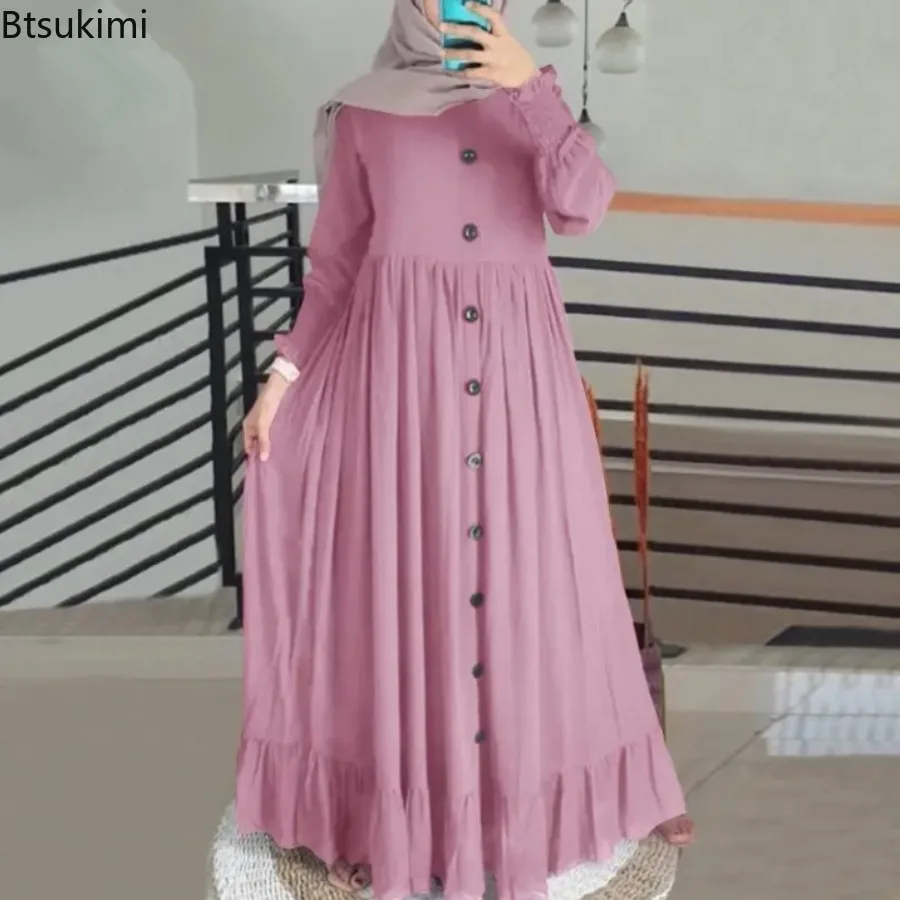 Robe Longue Musulmane pour Femme, Vintage, Manches Pétales, Ourlet à Volants, Décontractée, en Coton et Lin, Maxi, Nouvelle Collection