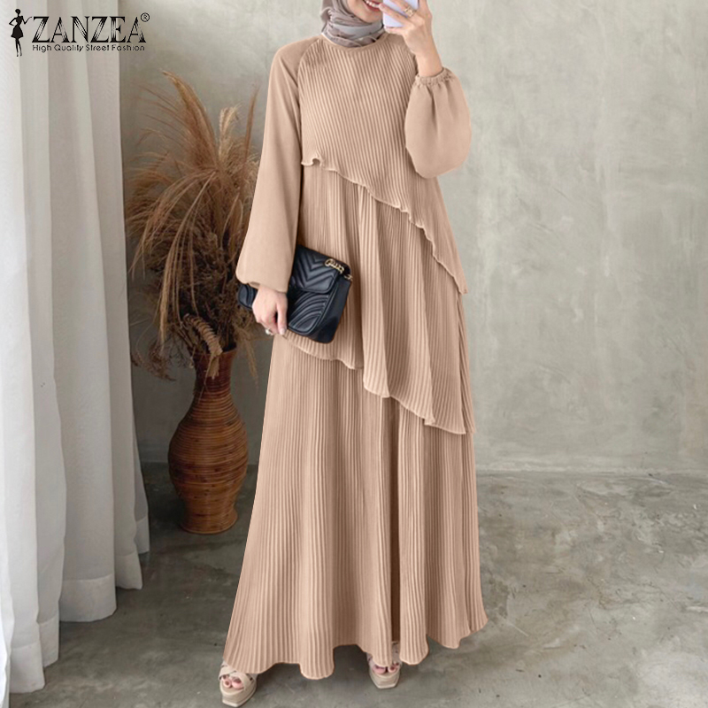 Robe longue plissée superposée ZANZEA, style musulman, avec patchwork, manches lanternes élégantes, Abaya islamique, Hijab plissé pour femme