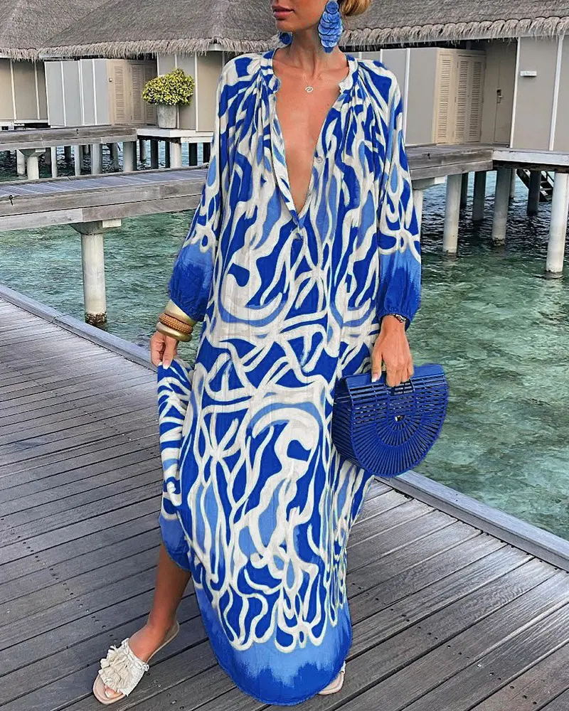 Robes élégantes pour femmes, décontractées, mode imprimée, col en v, ample, rétro, confortable, Maxi, été, 2023, S-XXXL