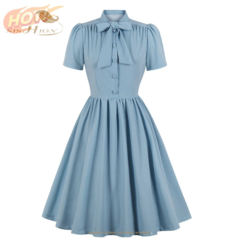 Robe plissée bleue style vintage, col nœud papillon, boutonnée, élégante, pour femme, été, ceinturée, style pin-up, années 60, 50, rockabilly.