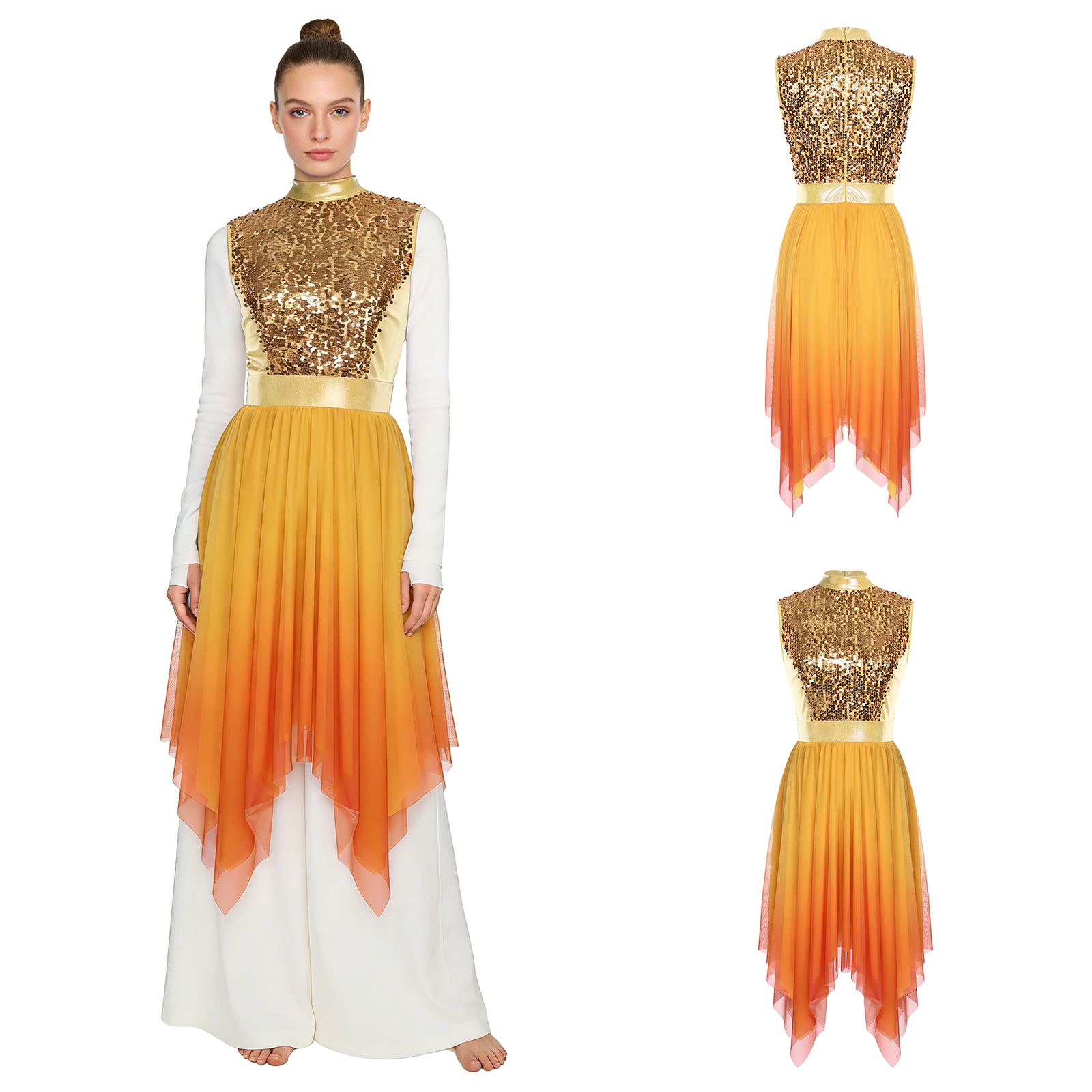 Robe de danse luge pour femmes, culte liturgique, paillettes scintillantes, corsage sans manches, maille dégradée, ourlet irrégulier, robe lyrique moderne
