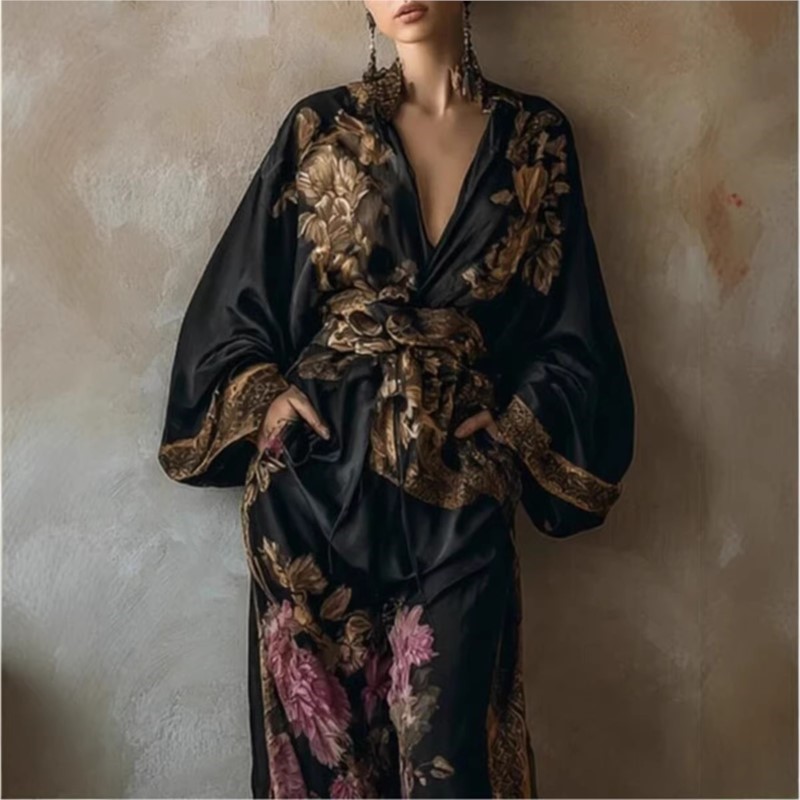 Ensemble deux pièces pour femme Printemps-Été 2026, imprimé vintage, haut en dentelle ample à décolleté plongeant sexy et pantalon décontracté à jambes larges