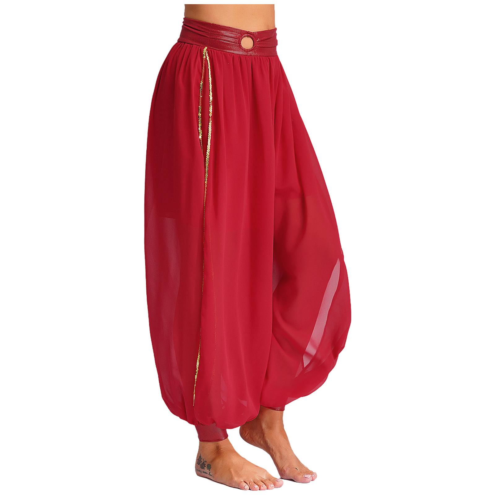 Pantalon bouffant en mousseline de soie pour femme, pantalon fendu sur le côté, anneau rond, ceinture froncée, danse du ventre indienne, soirée à thème Halloween, costume de carnaval