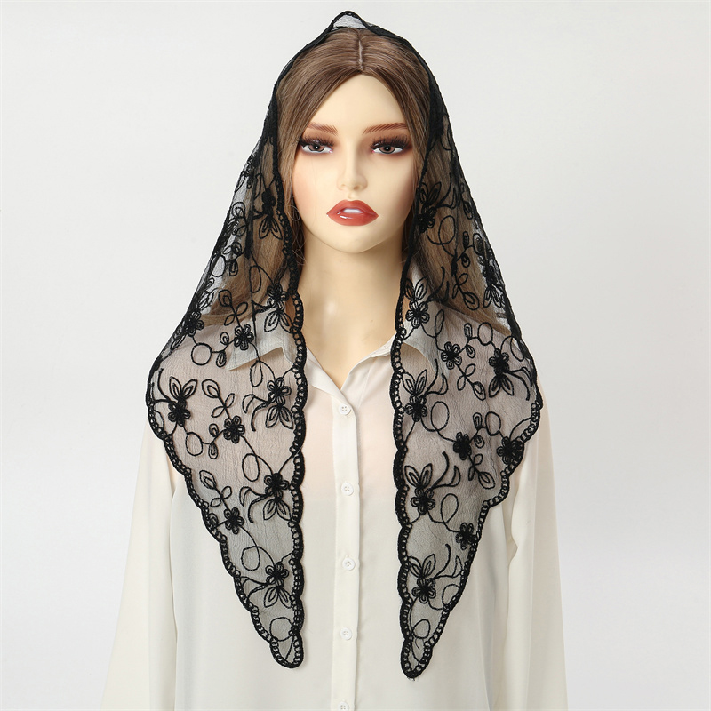 Châle d'église brodé blanc pour femme, voile de dentelle, écharpe en polyester, bandana, prière d'église, mantille de mariage, chapelle, hijab à la mode