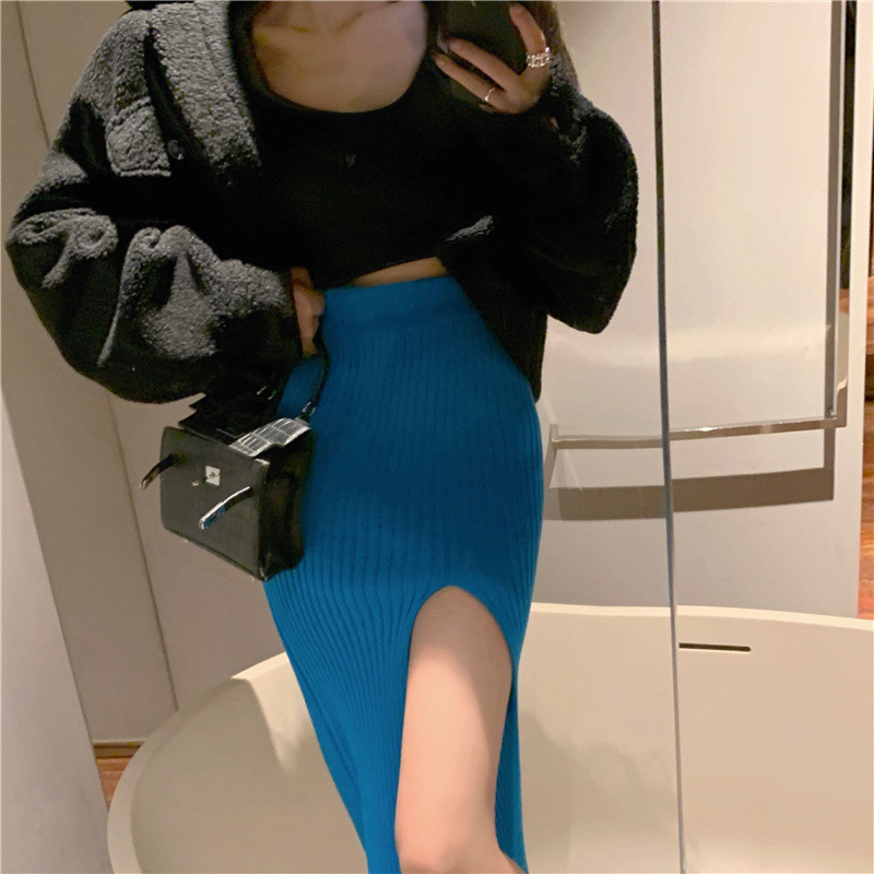 Jupe élégante et sexy à fente pour femme, robe tricotée ajustée amincissante style Hot Girl, jupe taille haute pure et raffinée