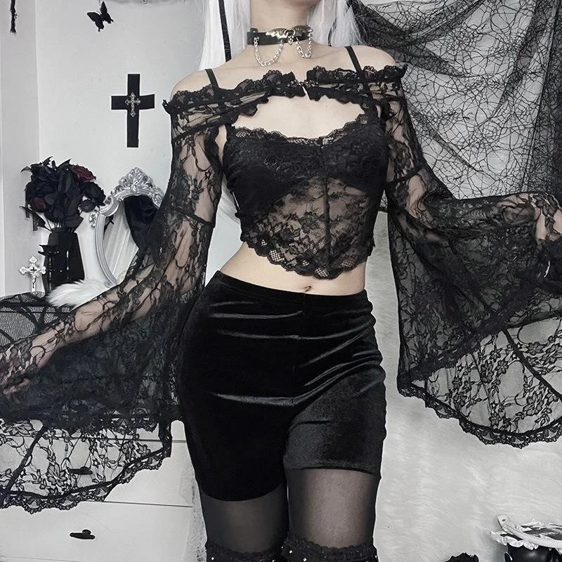 Couvertures de haussement d'épaules superposées à manches longues évasées pour femmes, dentelle gothique foncée vintage, One Initiated Grunge Aesthetic Black, Y-for Egirl