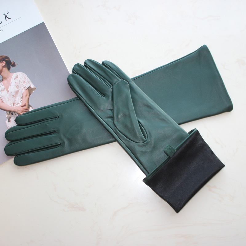 Nouveaux gants longs en peau de mouton pour femmes, gants en cuir de couleur unie pour écran tactile intérieur en soie fine