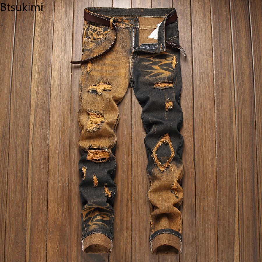 Nouveau jean rétro homme déchiré jambe droite pantalon déchiré jean à la mode pantalons décontractés pantalon homme vêtements de rue