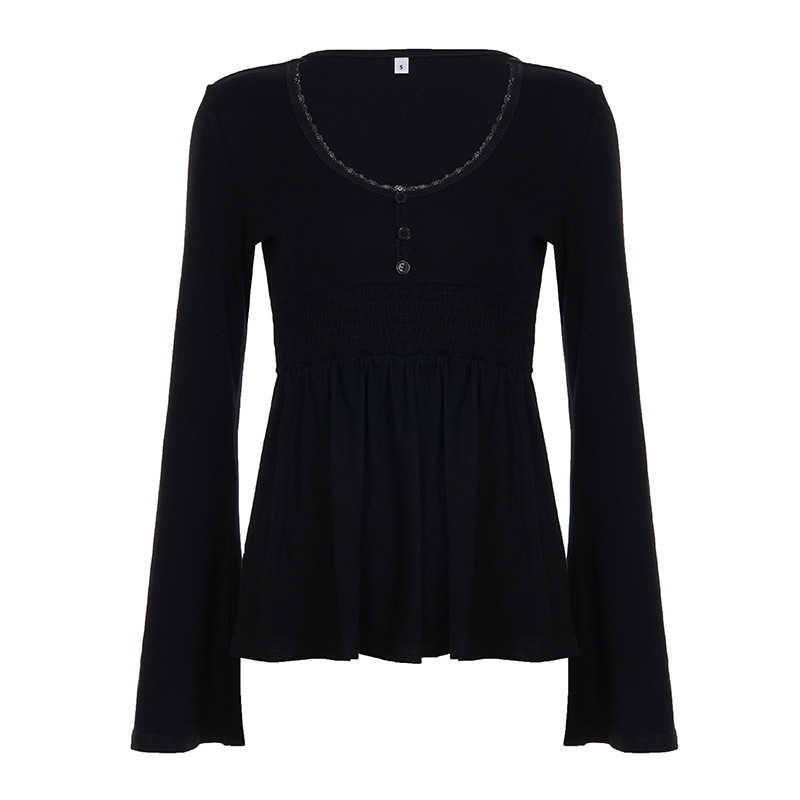 Pull en tricot pour femmes, chemisier Chic français, panneaux en dentelle, col bas, manches cloche, taille cintrée, haut trapèze, nouvelle collection 2025