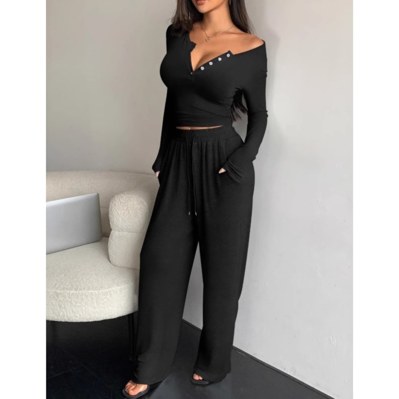 Ensemble 2 pièces pour femme, tenue décontractée et élégante, haut à manches longues boutonné de couleur unie, pantalon taille haute, printemps automne