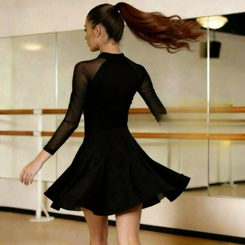 Robe de danse latine pour femmes adultes, manches longues, jupe en maille, vêtements d'entraînement, Cha Cha Rumba, tenue de scène, vêtements de danse de salon