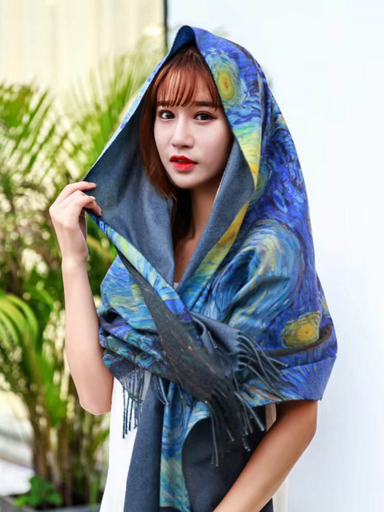 Peinture à l'huile hiver écharpe femmes luxe cachemire sensation châles Van Gogh Design extérieur foulard longue impression gland enveloppes châle