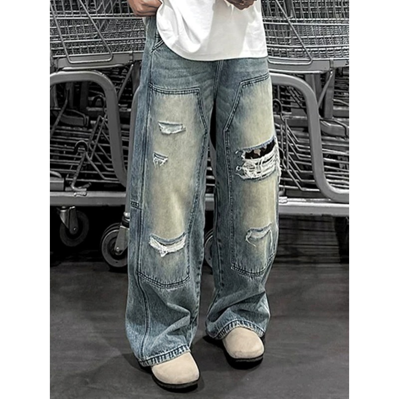 Jean pour homme robuste, délavé, multi-poches, style charpentier, coupe droite ample, décontracté, style urbain