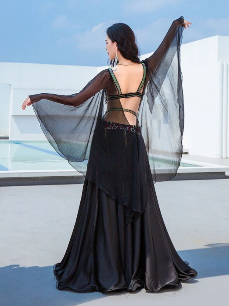 Ensemble de costumes de danse du ventre pour femmes Popsong, tenue de danse orientale égyptienne, tenue de compétition de groupe, manches papillon, jupes longues maxi