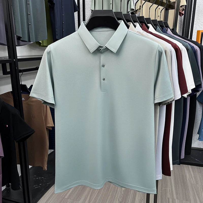 Polo en soie de mûrier pour hommes, tissu doux au toucher soyeux, manches courtes, pour les affaires et un usage quotidien