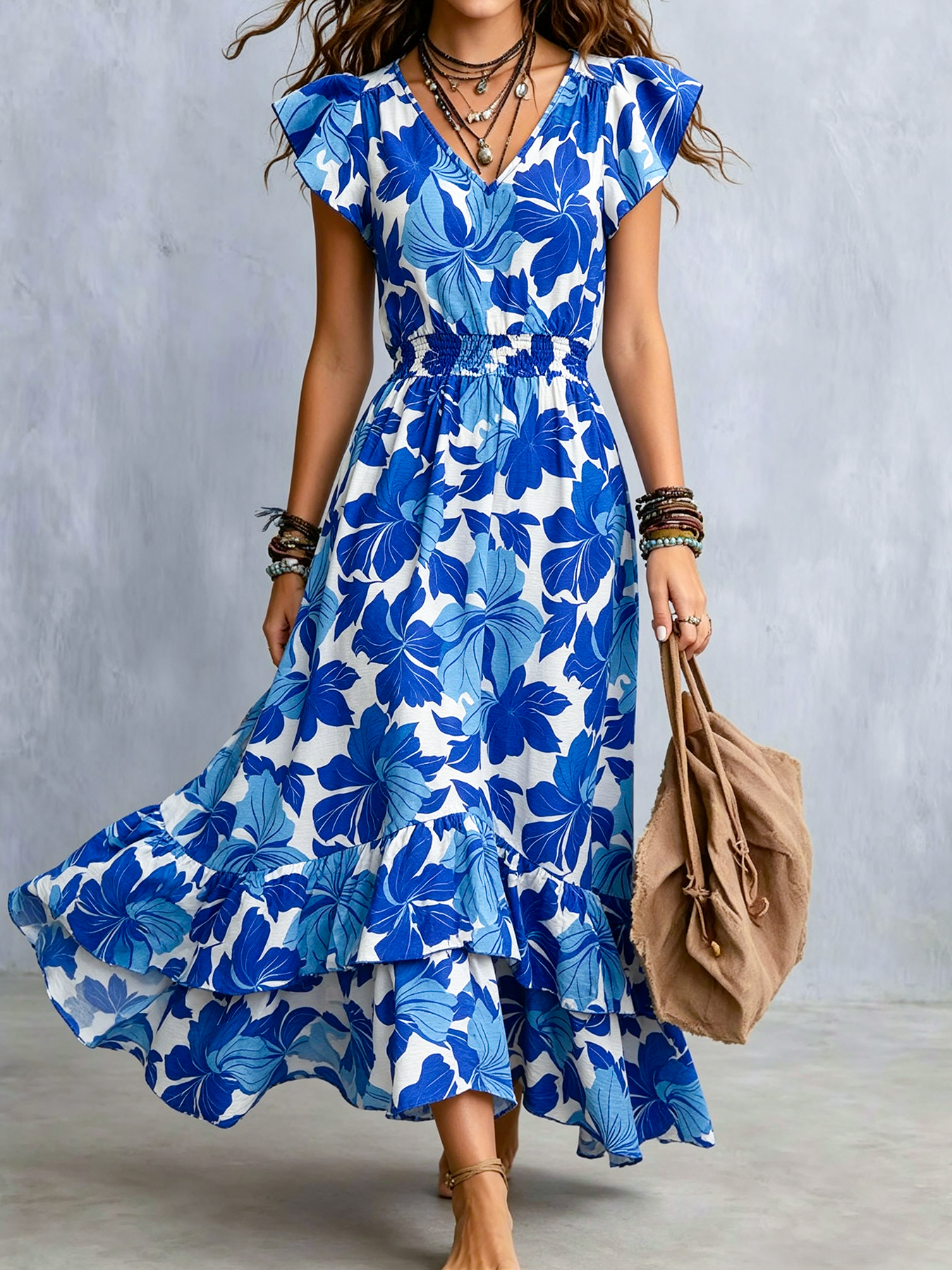 Robe maxi de vacances pour femmes, imprimé hibiscus bohème, col en V, manches courtes à volants, taille smockée