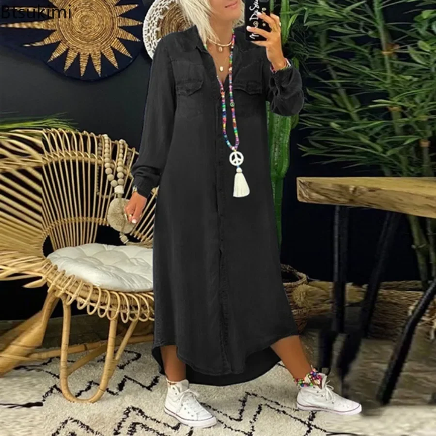 Robe en jean bleue à manches longues pour femmes, élégante, décontractée, mode vacances, printemps-automne, 2026