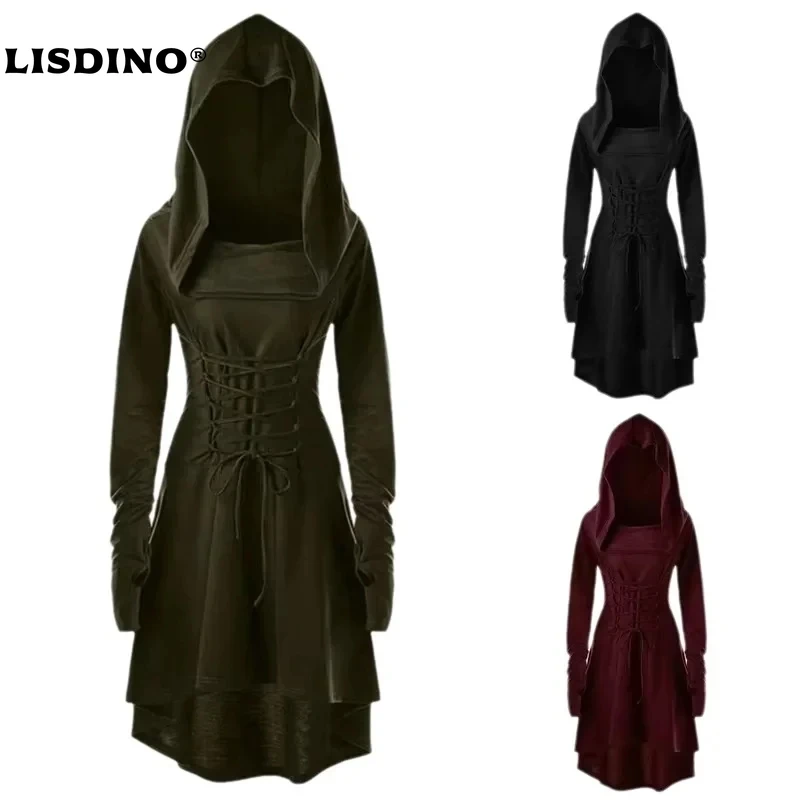 Costumes d'archer de la Renaissance, Cosplay médiéval, Robe à capuche, pull à lacets, longue Cape, fête d'halloween