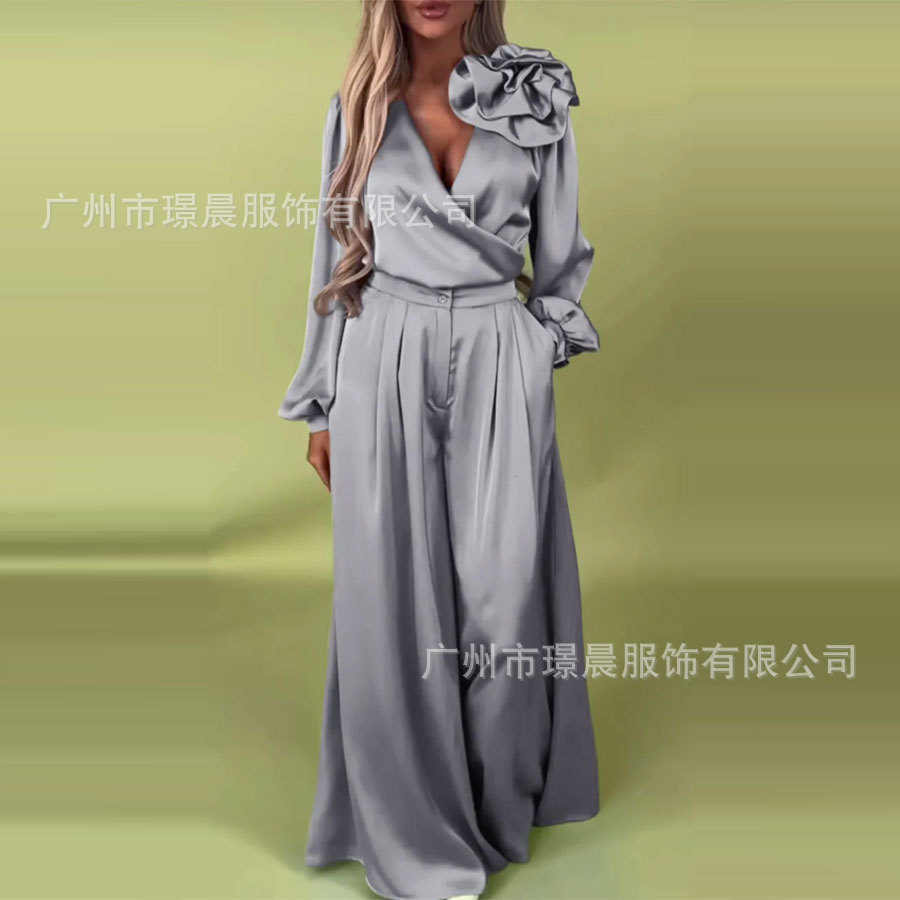 Mode 2 pièces ensemble femmes tenue 2025 Apring été décontracté à manches longues col en v Blouse et jambe large pantalon ensembles femme