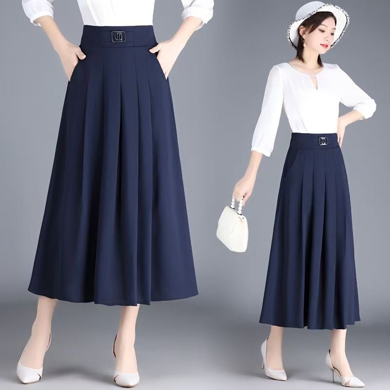 New Skirt Mid-length A-line Pleated Fashionable and Elegant Solid Color Versatile Casual High-waisted Large Hem Skirt