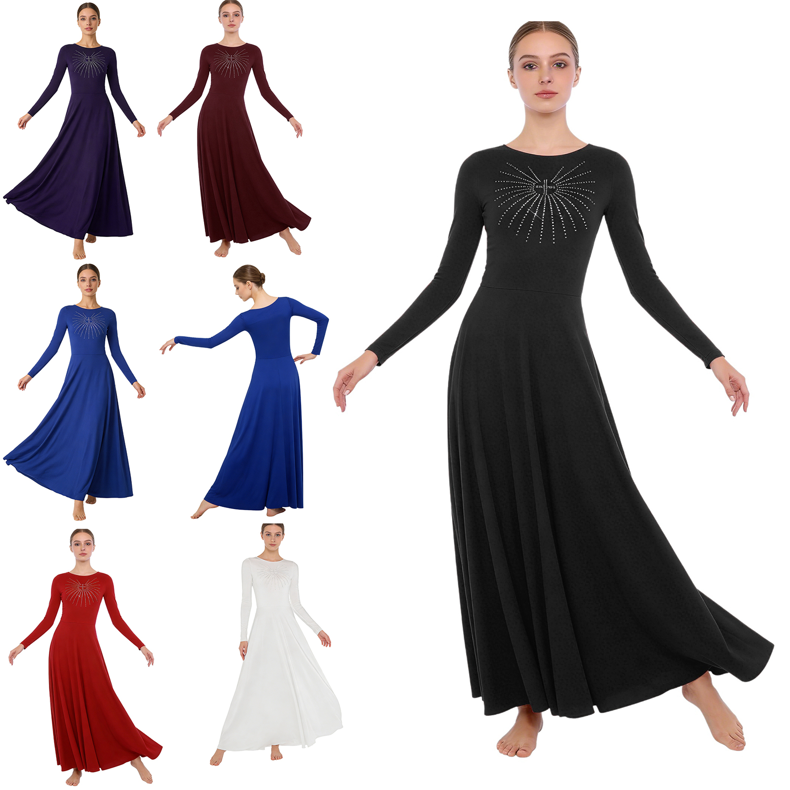 Robe de danse liturgique pour femmes, robe de chœur d'église, robe de louange, robe longue à manches longues avec strass brillants, vêtements de danse