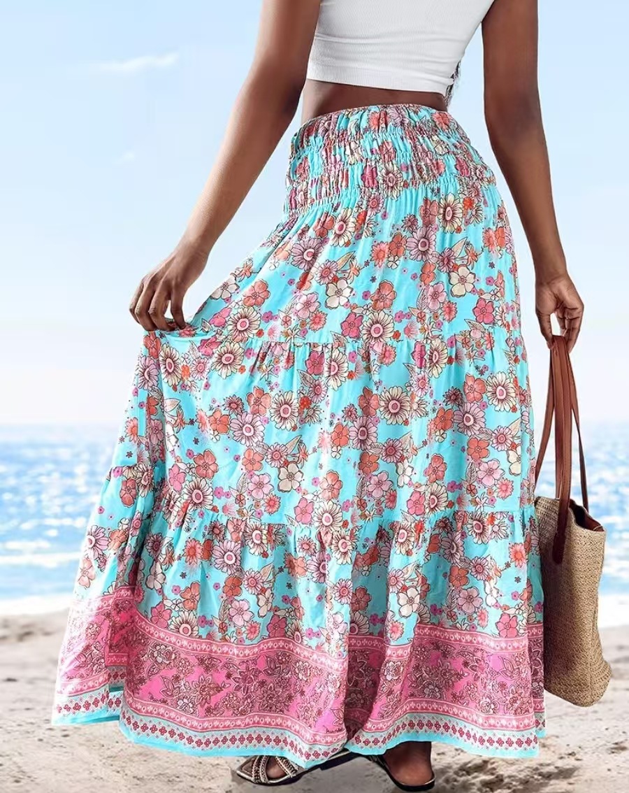Mode Boho imprimé jupe longue décontracté rétro vacances Style taille élastique a-ligne grand ourlet jupe pour les femmes 2025 printemps été nouveau