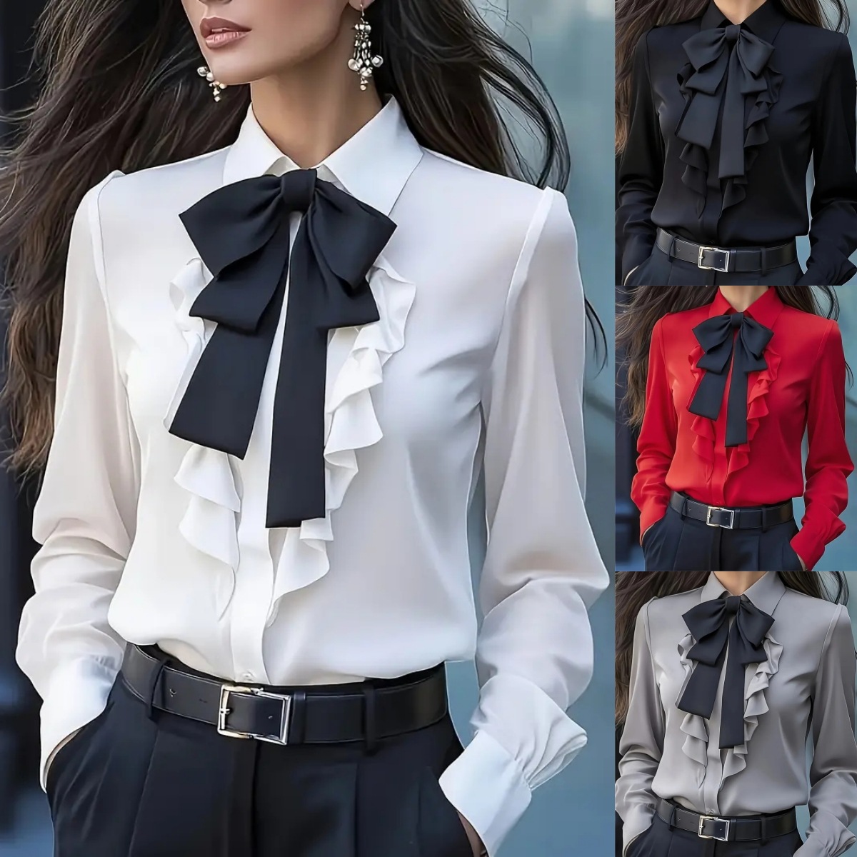 Nouveau automne couleur unie à lacets nœud à volants conception chemise pour femmes Vintage à manches longues Blouse chemise blanche automne femme vêtements