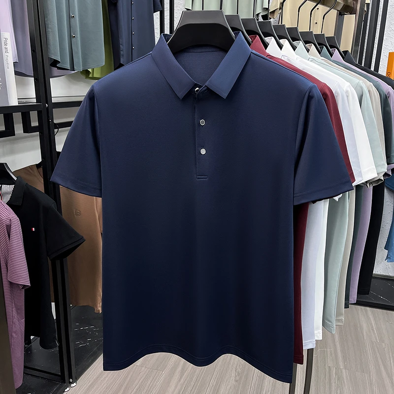 Polo en soie de mûrier pour hommes, tissu doux au toucher soyeux, manches courtes, pour les affaires et un usage quotidien