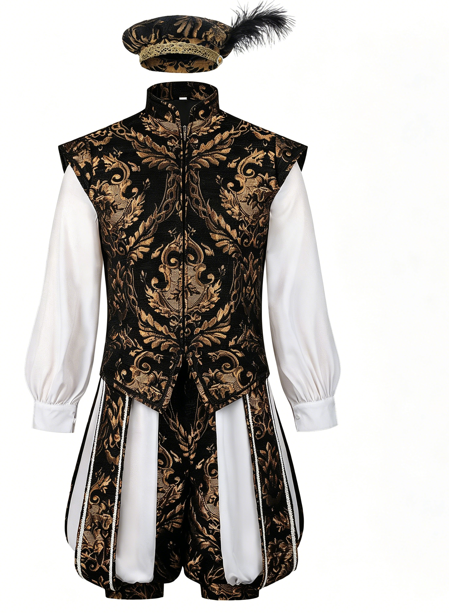 Costume médiéval Renaissance pour homme 3 pièces - Doublet jacquard, pantalon bouffant et chapeau, tenue noble de style Elizabethan pour cosplay