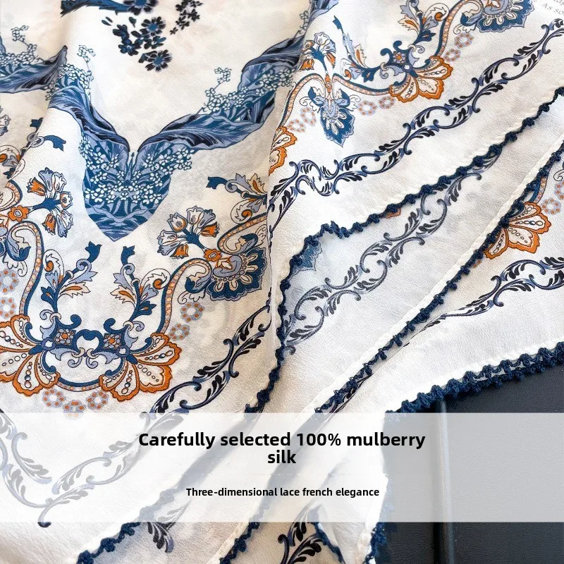 Foulard carré de luxe 100% soie de mûrier 70cm, imprimé floral baroque rétro, foulard de cou, foulard de tête, décoration de sac, cadeau quotidien pour femmes