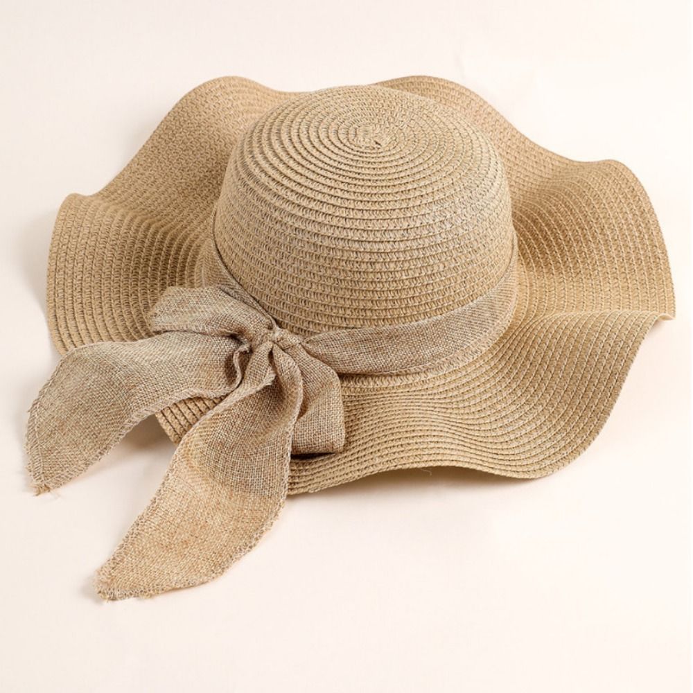 Chapeau de plage à large bord avec protection UV, rubans à nœud, chapeau de paille de voyage, casquette pare-soleil pliable portable, mode