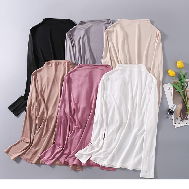 T-shirt col haut en soie Pure pour femme, haut en soie de mûrier, tricot Double face, manches longues, automne et hiver
