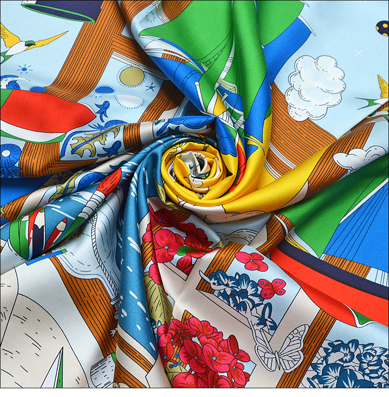 Écharpe en soie rafraîchissante aux couleurs estivales assorties 90 * 90, en twill de soie, procédé de peinture par pulvérisation, bord frisé à la main "M90F276-2"