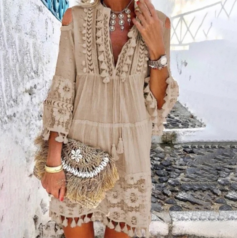 Plage Boho blanc dentelle mode ue Mini robe femmes automne Pop gland lâche col en V robes dame femme vêtements