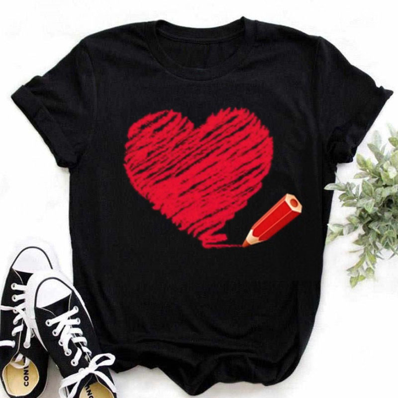 Coton 100% femmes lettres d'amour Simple tendance mignon mode col rond T-shirt à manches courtes Blouse t-shirts hauts t-shirts graphiques