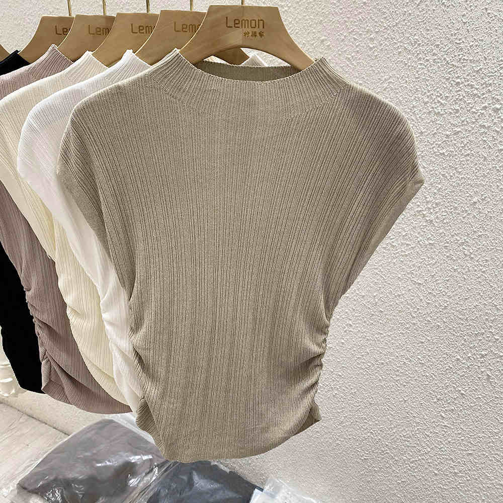 T-shirt en maille de soie glacée Printemps-Été 2026, col semi-montant, effet amincissant, design unique, coupe ajustée, manches courtes, hauts intérieurs
