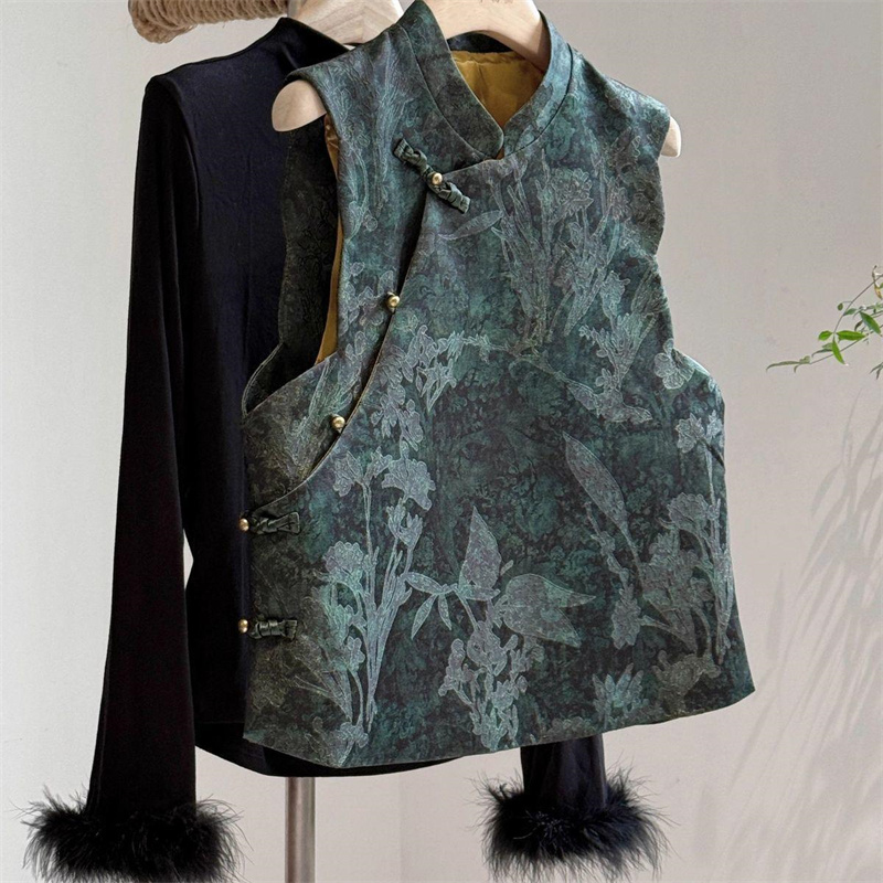 Gilets et vestes pour femmes, Gilet jacquard mode Joker, Gilet cardigan à col montant style ethnique pour femme, Haut vert foncé d'automne